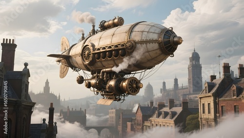 Steampunk Airship Hovering Over Victorian Cityscape