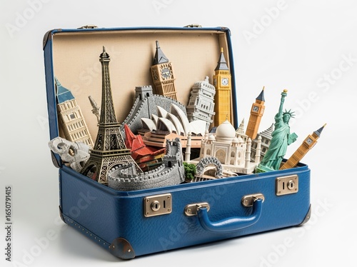 Vintage travel suitcase filled with world monuments stands on clean background, representing joyful tourism and cultural experiences