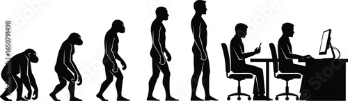 Human evolution silhouette illustration, monkey to modern man, evolution stages, technology addiction, sitting posture, computer work, smartphone usage, lifestyle change