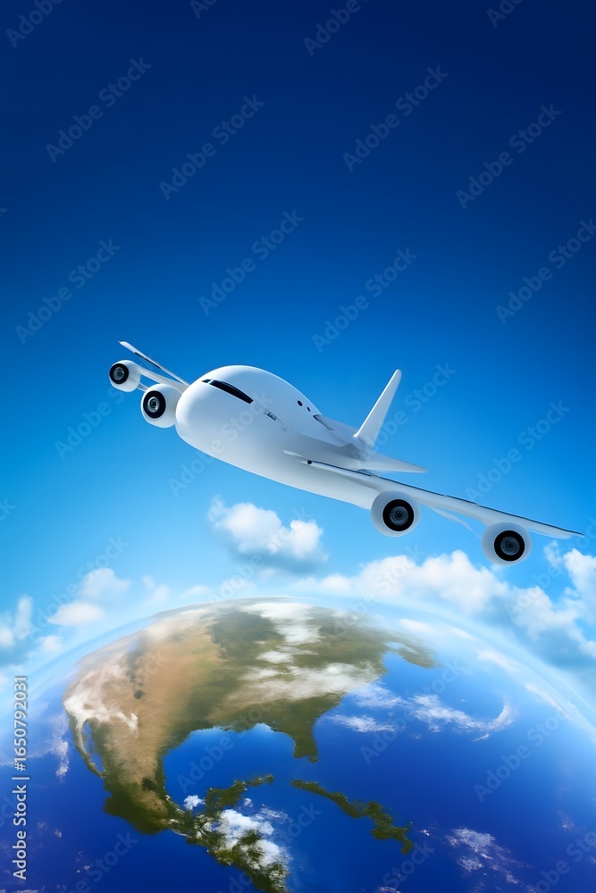 Naklejka premium Airplane Flying Over Earth – Global Travel Concept - World Tourism Day