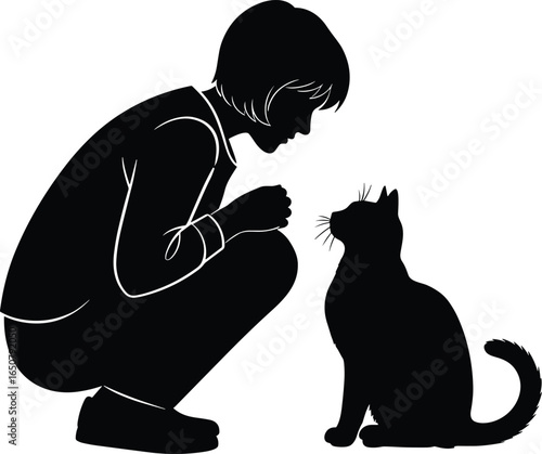 Human and cat silhouette, pet and owner bonding, friendship illustration, love for animals, companionship art, person with cat, pet care
