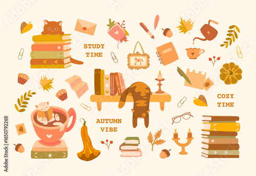Cozy autumn illustration set with cats, books, candles, tea, muffins, leaves, acorns and pumpkins in warm pastel colors. Perfect for posters, stickers, planners, stationery, social media