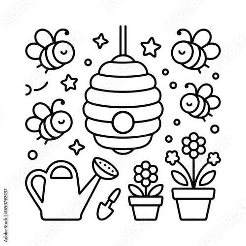 Cute Bees and Beehive Line Art with Flowers and Stars – Minimalist Nature Icons for Kids and Spring-Themed Designs, Coloring Pages for Kids & Adults