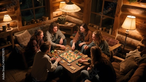 Group of friends playing board games in a cozy cabin setting