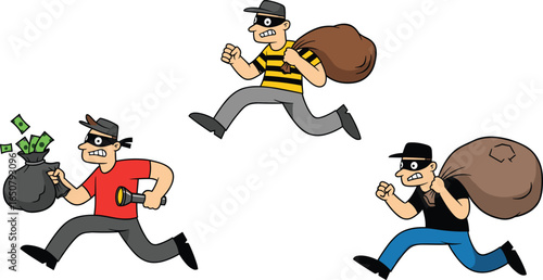 Cartoon burglars running with money bags in disguise, thief characters in masks and hats, crime illustration for security awareness design