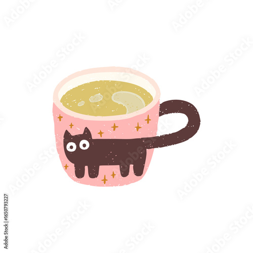 Matcha drink in a pink cup with a cute black cat with a tail and big eyes. Vector isolate texture illustration in simple hand drawn trendy cartoon style.