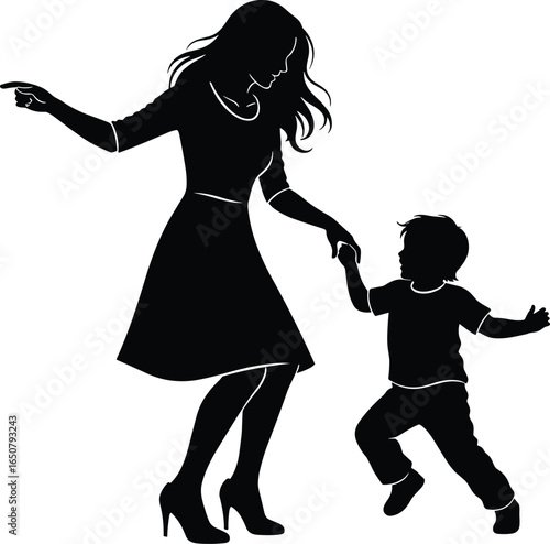 Mother dancing with child silhouette, parent and kid bonding, family love, childhood happiness, playful moment, parenting joy, togetherness, parenthood illustration