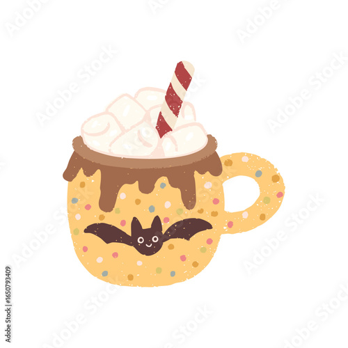 Coffee, cocoa or hot chocolate with marshmallows in a cup with a bat for Halloween. Vector isolate texture illustration in simple hand-drawn trendy cartoon style