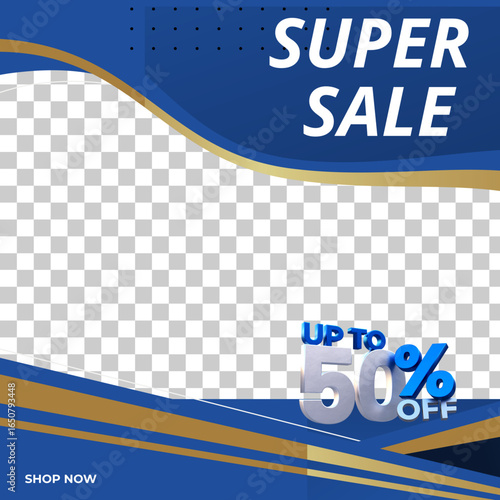 Modern blue and gold super sale banner template for social media post with fifty percent off promotion background design.