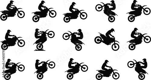 Motorcycle stunt rider silhouette collection, dirt bike performing tricks, motocross extreme sport illustration, biker jumping, wheelie action, racing clipart