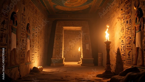 Ancient Egyptian Temple Interior with Hieroglyphs and Torches