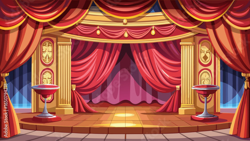Luxurious tan velvet curtains draping an empty theater stage, theater, stage, velvet, blue, luxurious, elegant