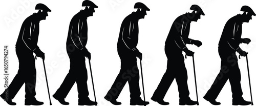 Silhouette illustration of elderly man walking with cane in different poses, aging process, senior support, mobility aid, old age vector