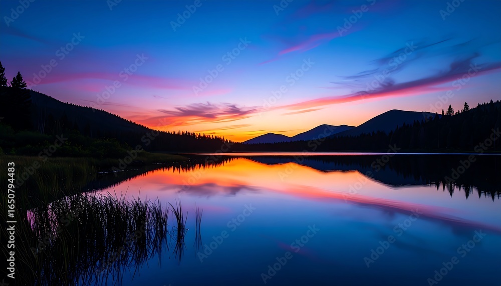 Fototapeta premium Serene Mountain Lake Sunset Reflection at Dusk.