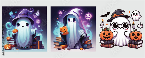 Art of cute ghost reading a book on halloween