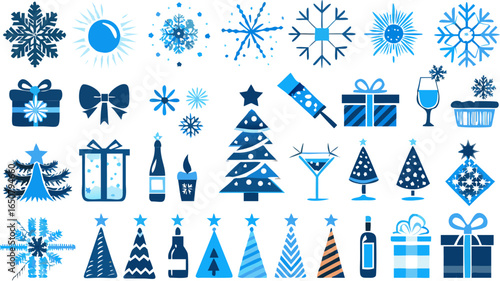 Collection of christmas and winter themed icons including snowflakes trees and gifts in blue tones silhouette
