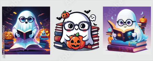 Art of cute halloween ghost reading book isolated