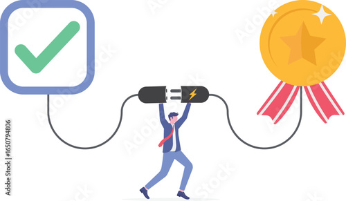 Flat illustration of quality control manager connecting wires from checklist to activate product approval badge
