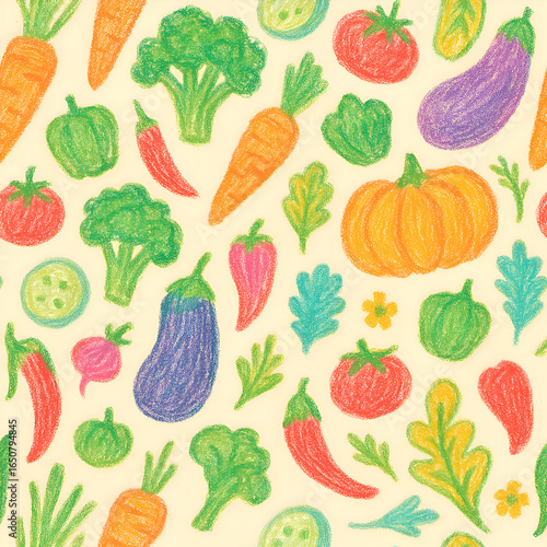 Playful seamless pattern in crayon style featuring assorted veggies tomatoes, pumpkins, eggplants, carrots, bell peppers, chilies, broccoli, radishes, leafy greens, and cucumber slices on warm cream. 