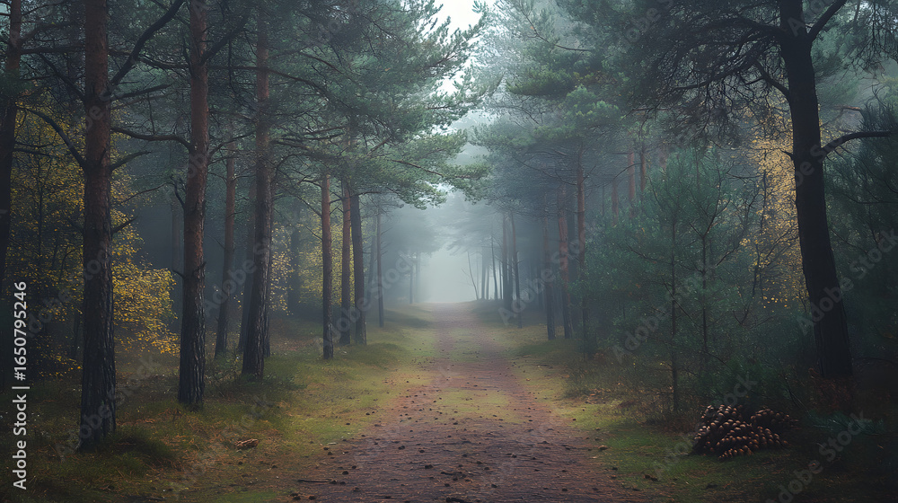 Fototapeta premium Misty Forest Pathway with Tall Trees and Soft Light
