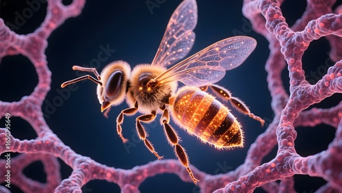 A detailed close-up of a honeybee with intricate wings, set against a network of pinkish fibers.