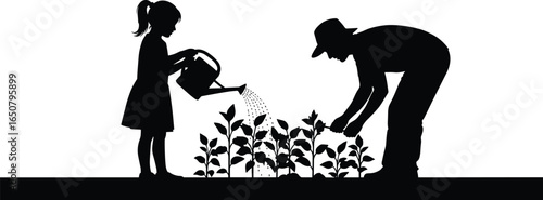 Silhouette of child watering plants, farmer gardening together, family farming, agriculture care, nature conservation, sustainable lifestyle, growing vegetables, rural garden