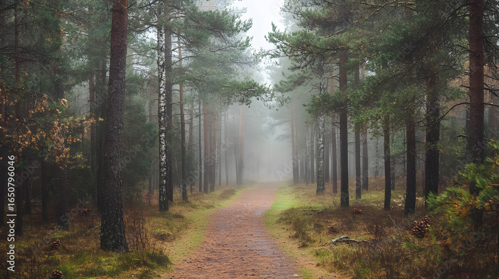 Fototapeta premium Misty Forest Pathway Lined with Tall Trees