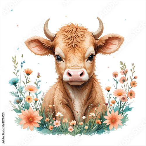 Art of cute calf with flowers isolated on white