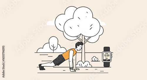 Man Doing Push-Ups in Park with Smartwatch Tracking Workout