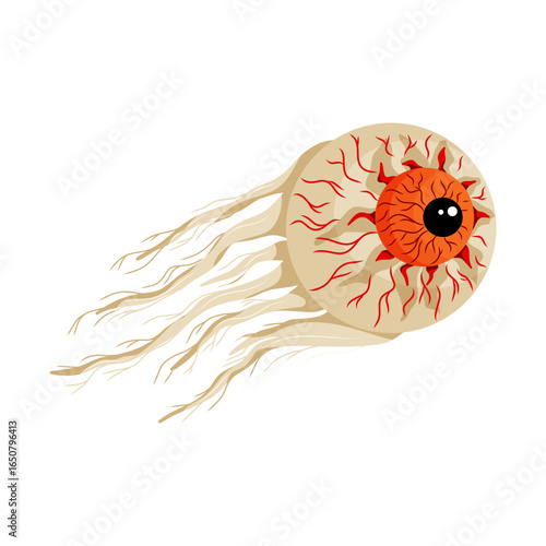 Spooky flying eyeball with red veins. Vector illustration for Halloween horror designs, posters, and creepy party themes.