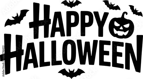 Celebrate the spooky season with a festive "Happy Halloween" message featuring a jack-o'-lantern and bats.