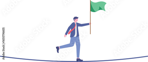 Flat illustration of businessman leader balancing on seesaw arrow with flag while supported by team members to lead stable progress and direction
