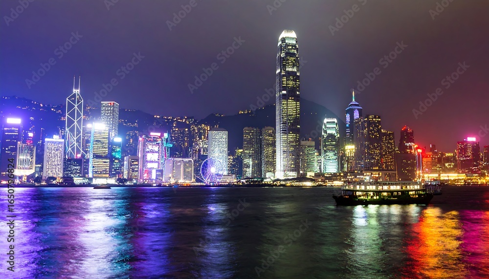 Obraz premium Hong Kong skyline at night, illuminated skyscrapers reflecting on water.