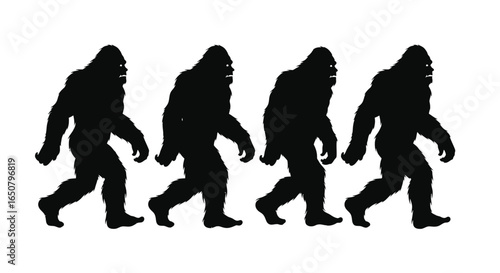 Vector art of four bigfoot silhouettes walking in a row isolated on white background