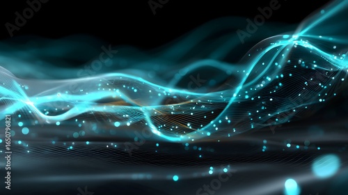 Layered abstract finance network with glowing nodes and data streams in cool cyan and soft gold, featuring transparent mesh layers and subtle grid for marketing