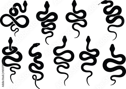 A collection of black silhouette vector illustrations of snakes in various poses, for themes of animals, reptiles, wildlife, and danger.