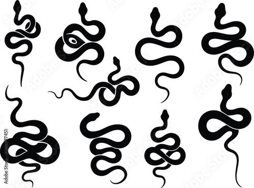 A collection of black silhouette vector illustrations of snakes in various poses, for themes of animals, reptiles, wildlife, and danger.