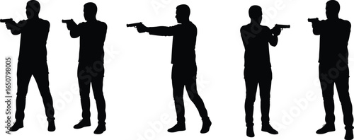 Black silhouette vectors of men aiming pistols in various poses, for crime, security, police, and action-themed designs and illustrations.