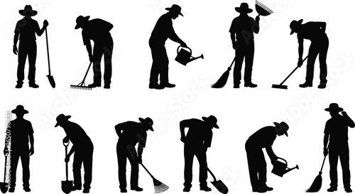 Silhouette of farmer working in garden, man with shovel, rake, broom, watering can, agriculture, gardening, outdoor labor, rural lifestyle