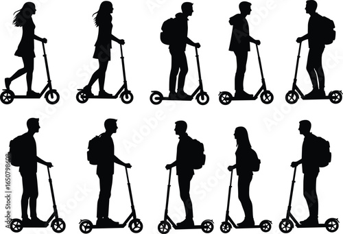 Black silhouette vectors of people riding electric scooters, illustrating modern urban mobility, city transport, recreation, and sustainable travel themes.