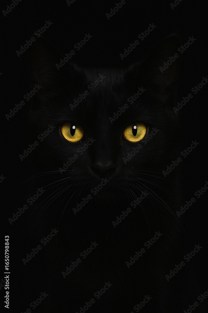 Intense yellow eyes of a black cat emerging from the shadows Intense yellow eyes of a black cat emerging from the shadows