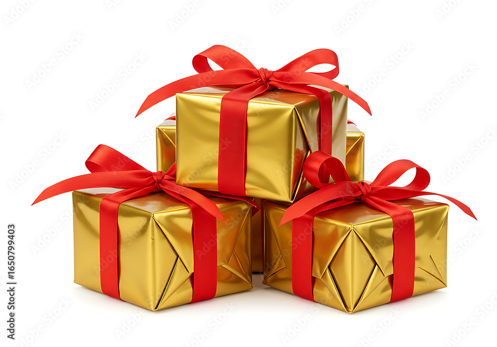 Obraz premium Shiny gold gift boxes with red ribbons presents celebration