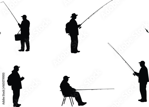 Silhouette vector of fishermen and anglers fishing on a lake, river, or ocean, an illustration for outdoor sports, fishing equipment, and hobbies.