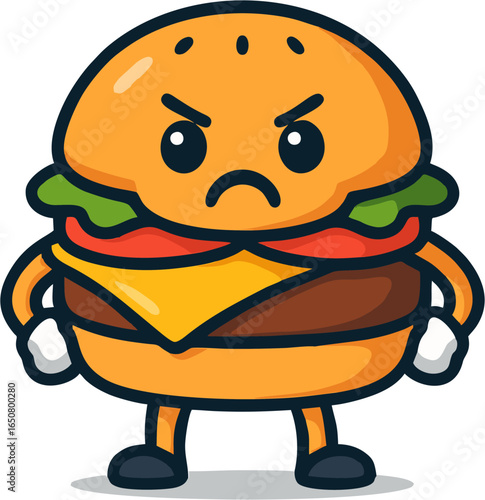 Vector illustration of angry burger cartoon character with frowning face and clenched fists, symbolizing fast food, snack, restaurant meal, and expressive food mascot design.