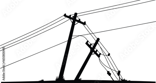 Damaged and leaning utility poles with fallen power lines, electricity infrastructure issues, electrical hazards, maintenance challenges, power outage risk, vector silhouette illustration