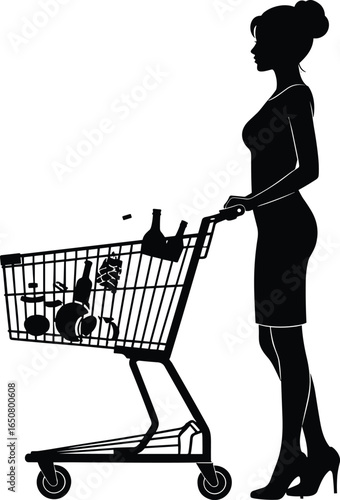 Silhouette of woman shopping with cart, supermarket customer pushing trolley, grocery store buyer, retail shopping lifestyle, female silhouette with groceries