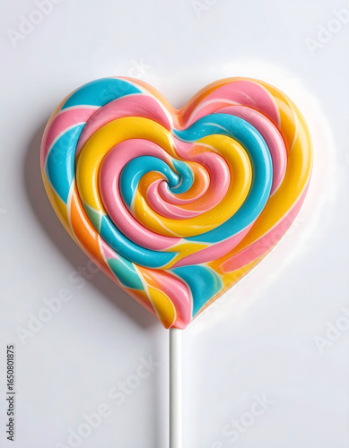 Wallpaper Mural Colorful heart shaped lollipop with swirl pattern in pastel shades of pink, yellow, blue, and orange, on white background, cheerful and sweet mood Torontodigital.ca