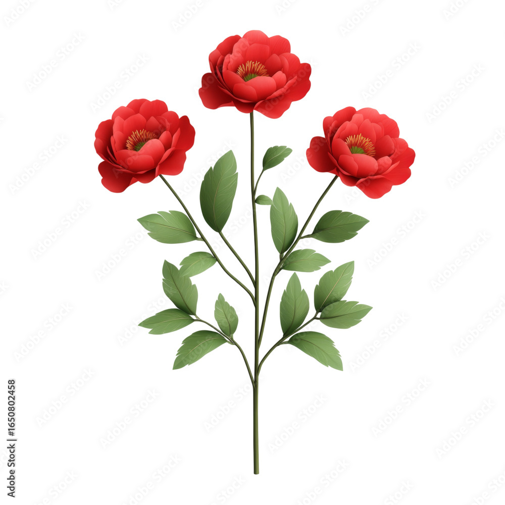 Obraz premium Red flower green leaf stem realistic botanical blooming nature isolated elegant