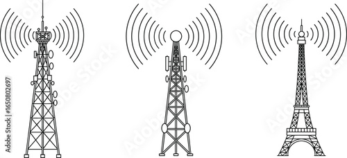 Black and white line art of radio transmission towers emitting wireless signals, including a tower resembling the Eiffel Tower