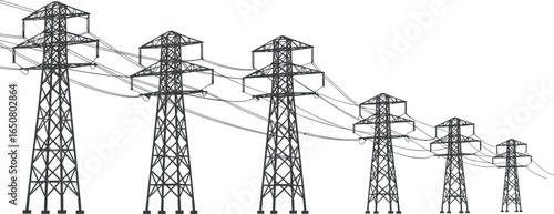 High voltage power lines, transmission towers, electricity pylons, utility poles, energy distribution, electrical grid infrastructure